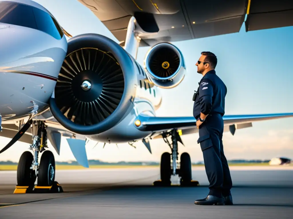 Equipo de técnicos inspecciona meticulosamente jet privado, demostrando protocolos seguridad aviación privada