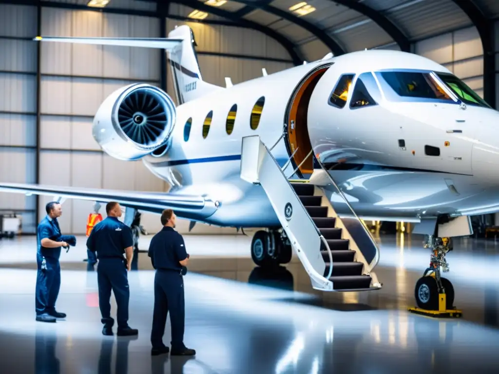 Un equipo de técnicos de mantenimiento de aviación de alta gama inspecciona meticulosamente el motor de un jet privado en un hangar de última generación, iluminados por la suave luz natural