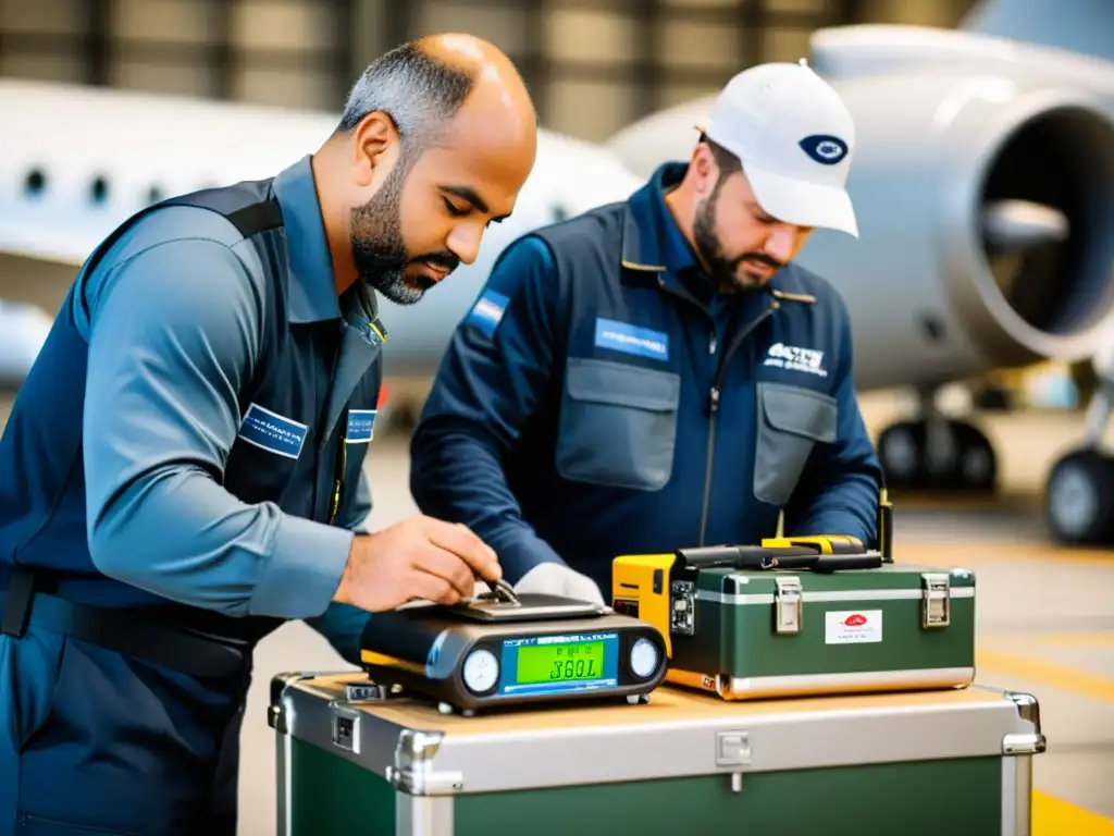 Equipo de técnicos de mantenimiento de aviación calibrando balanzas para carga en un hangar, mostrando precisión y profesionalismo