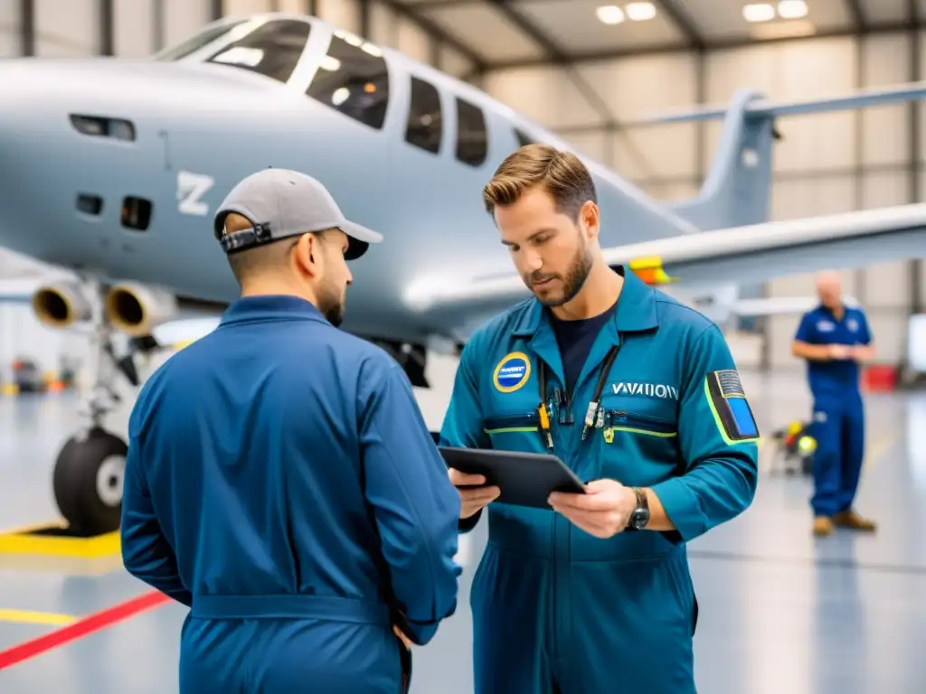 Equipo de técnicos de mantenimiento de aviones eléctricos inspeccionando con precisión bajo luz LED en un hangar de alta tecnología