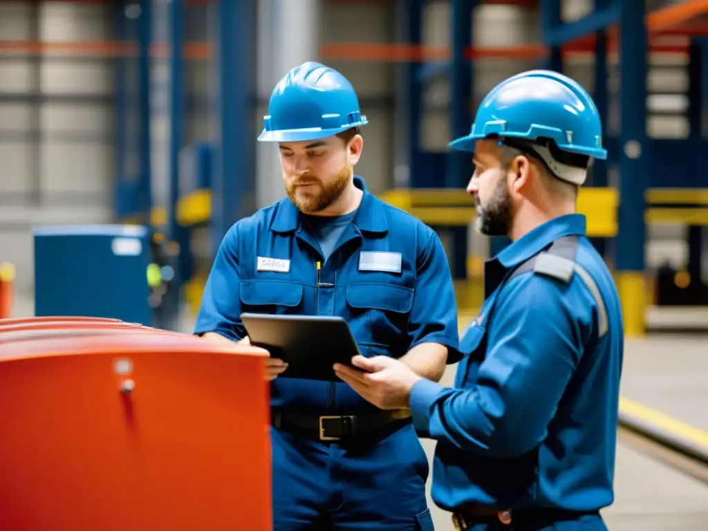 Un equipo de técnicos de mantenimiento en uniformes azules inspecciona una plataforma de elevación hidráulica en un almacén