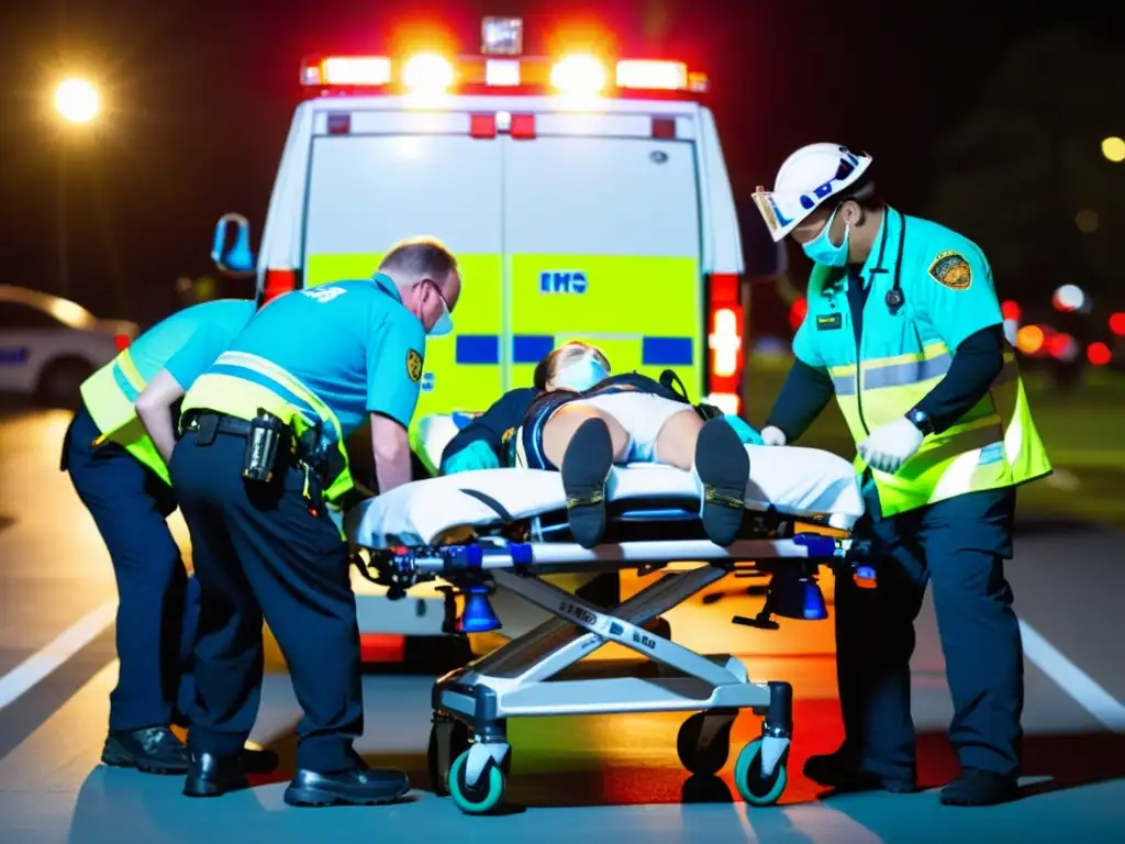 Equipo de técnicos médicos de emergencia trasladando a un paciente en una simulación de transporte en situaciones críticas