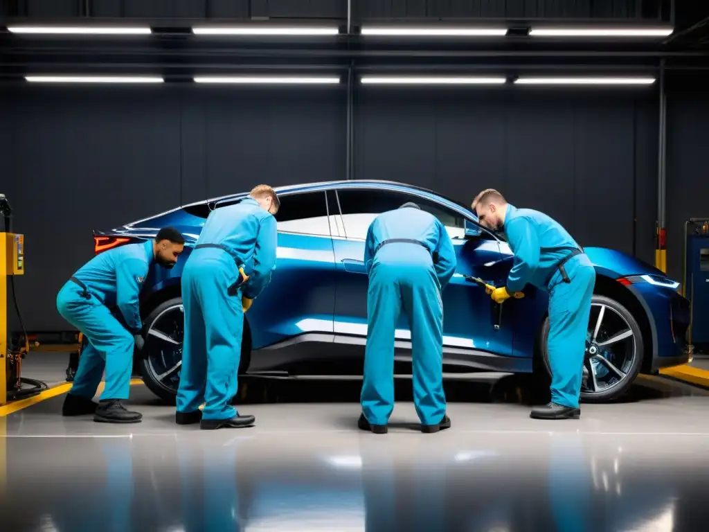 Un equipo de técnicos en monos azules inspecciona minuciosamente el chasis de un elegante coche eléctrico en una instalación de mantenimiento