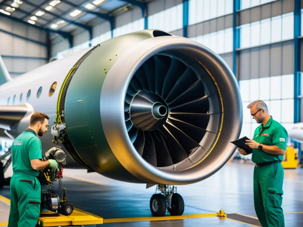 Un equipo de técnicos de vuelo inspecciona con precisión un motor a reacción en un hangar