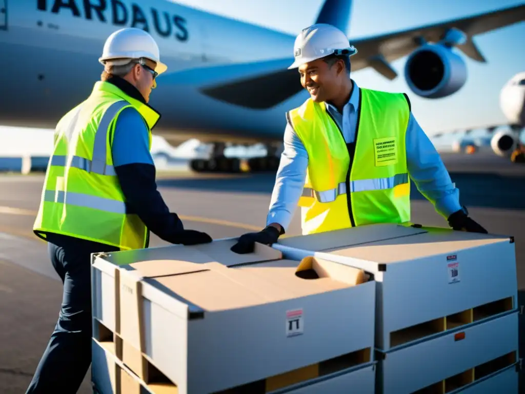 Manejo seguro de carga peligrosa en aeropuerto Un equipo de trabajadores aeroportuarios carga cuidadosamente envíos de mercancías peligrosas en un avión, siguiendo estrictos protocolos de seguridad