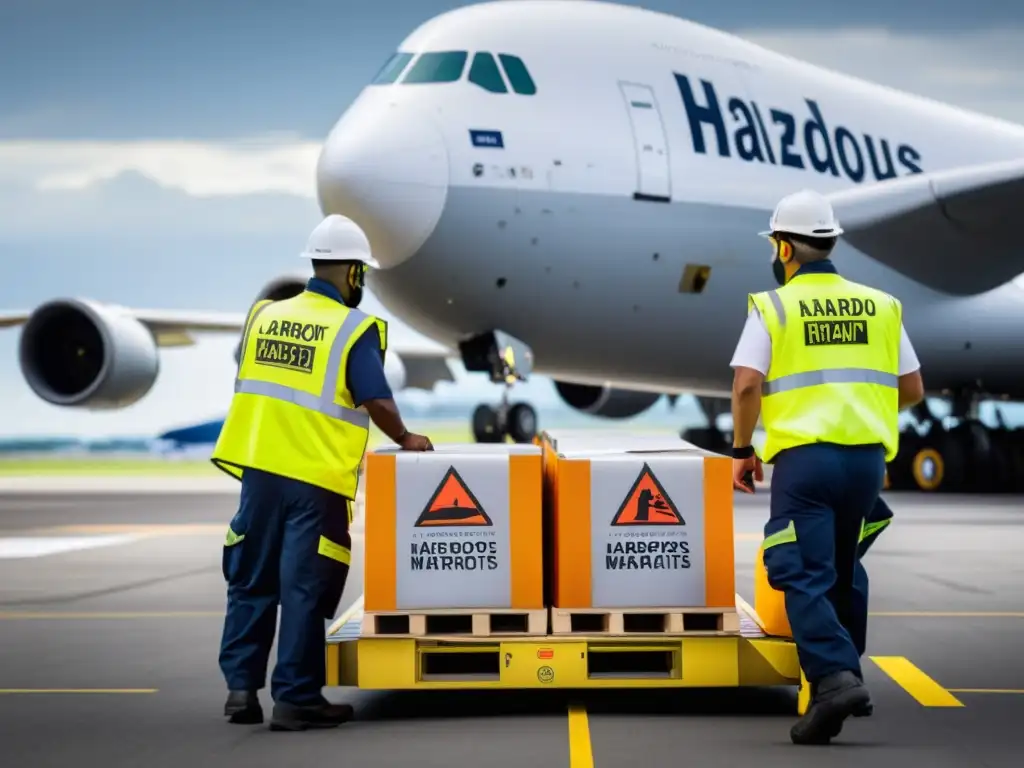 Manejo seguro de carga peligrosa en aeropuerto Un equipo de trabajadores de aeropuerto en chalecos de alta visibilidad inspecciona cuidadosamente envíos de mercancías peligrosas en un avión de carga, siguiendo estrictos protocolos de seguridad