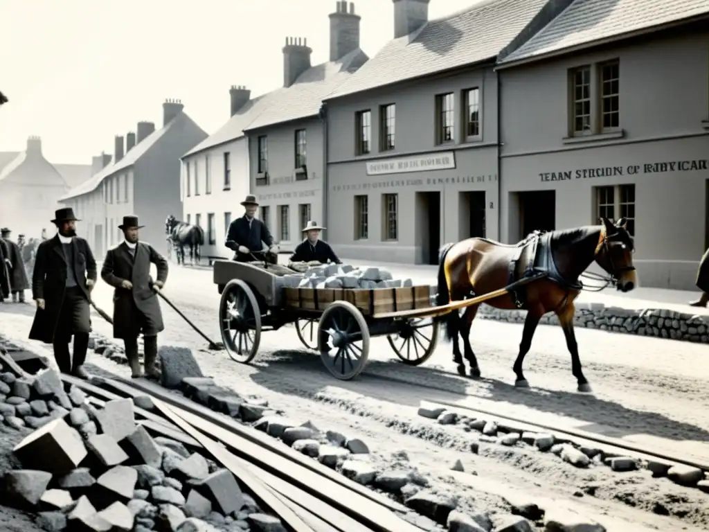 Equipo de trabajadores construyendo carretera de adoquines en la década de 1900, destacando la historia evolución transporte terrestre