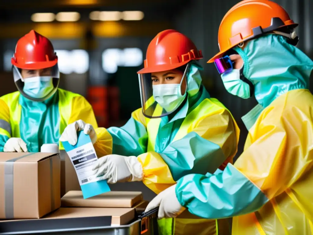 Un equipo de trabajadores maneja con cuidado materiales peligrosos, siguiendo estrictos protocolos de seguridad