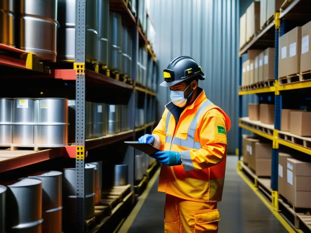 Un equipo de trabajadores inspecciona y etiqueta cuidadosamente materiales peligrosos en un almacén iluminado por luz industrial