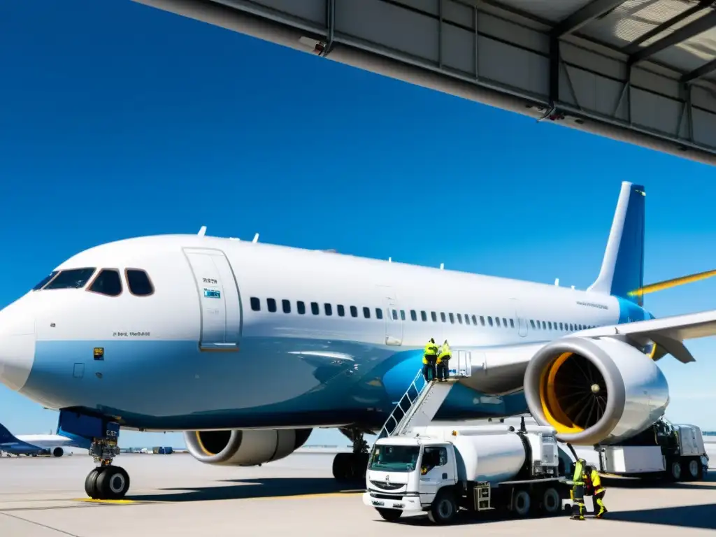 Un equipo de trabajadores de mantenimiento de aeronaves, en equipo de seguridad, limpiando minuciosamente el exterior de un avión comercial grande en un aeropuerto, garantizando la higiene y limpieza