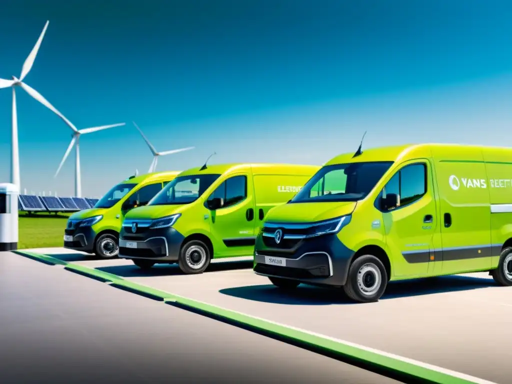 Un equipo de trabajadores realiza mantenimiento en una flota de furgonetas eléctricas en una estación de carga, resaltando la gestión de flotas verdes sostenibles