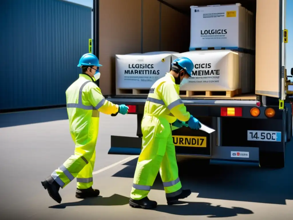 Equipo de trabajadores descargando materiales peligrosos en centro logístico