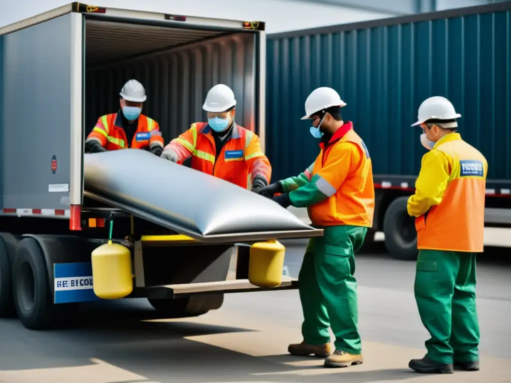 Equipo de trabajadores descargando sustancias peligrosas con regulaciones globales transporte sustancias peligrosas