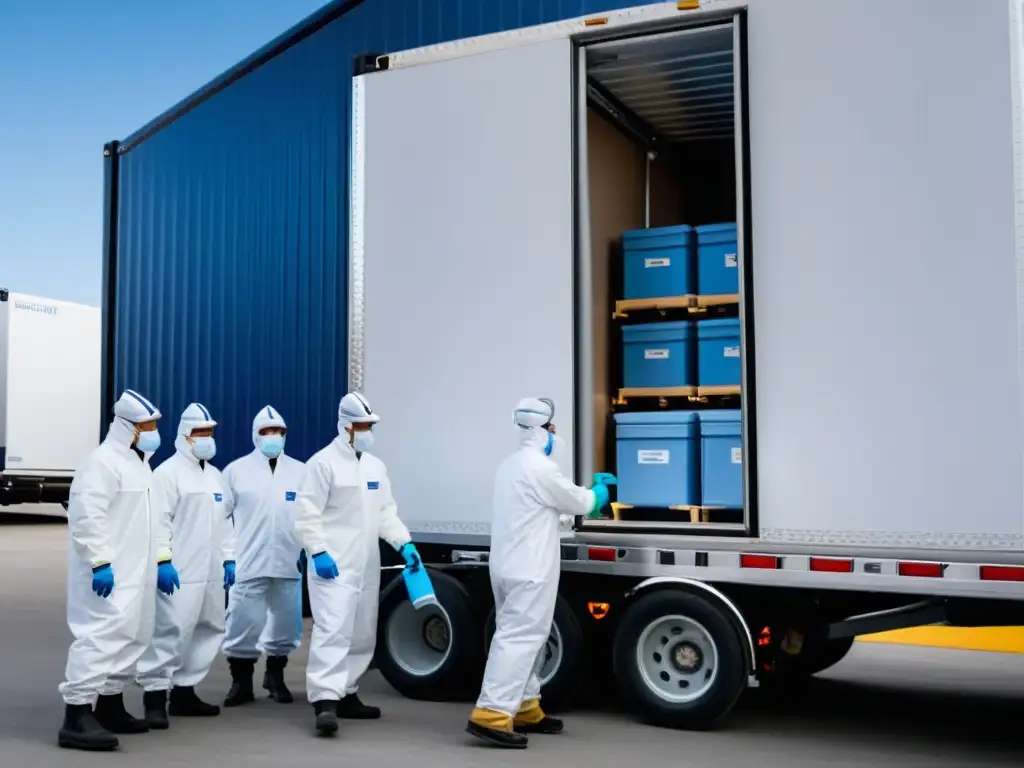 Un equipo de trabajadores en trajes de protección maniobra con cuidado contenedores de productos farmacéuticos en un camión refrigerado, en una instalación de almacenamiento en frío de última generación