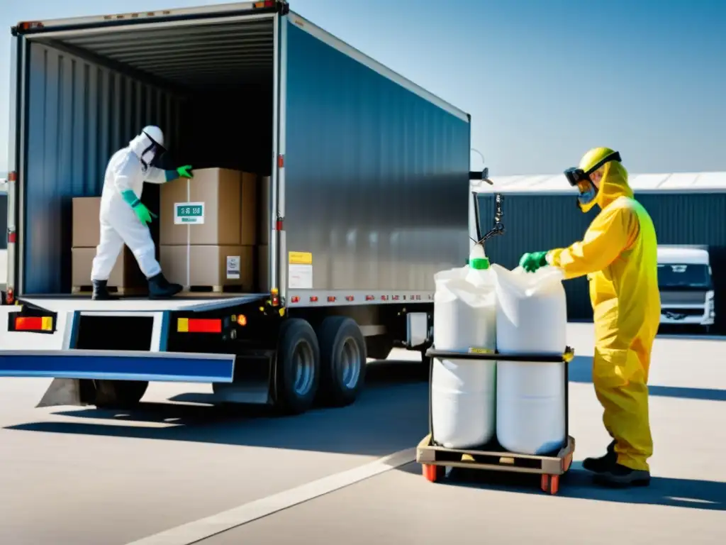 Un equipo de trabajadores en trajes protectores descarga materiales peligrosos con meticulosidad en un depósito de transporte