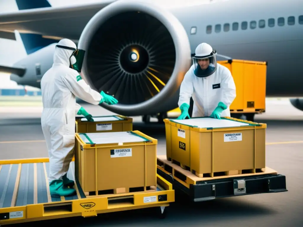 Transporte aéreo seguro de materiales peligrosos Equipo en trajes hazmat carga envío mercancías peligrosas transporte aéreo con precisión y seguridad