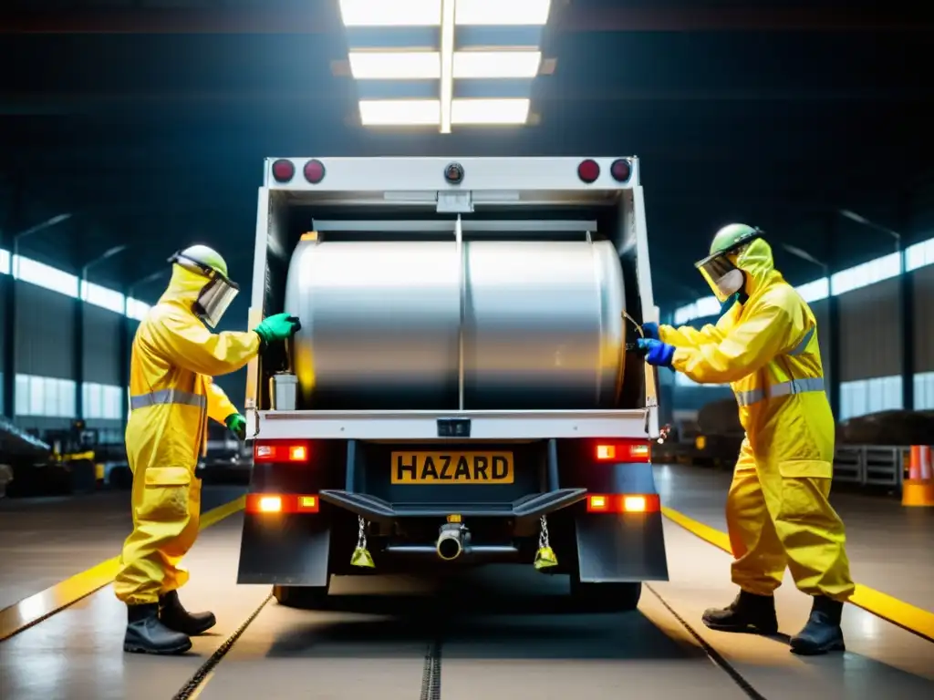 Equipo en trajes protectores carga materiales peligrosos en vehículo especial