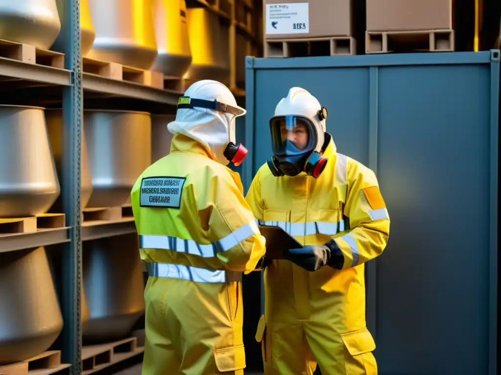 Un equipo de hazmat en trajes protectores inspecciona mercancías peligrosas en un almacén