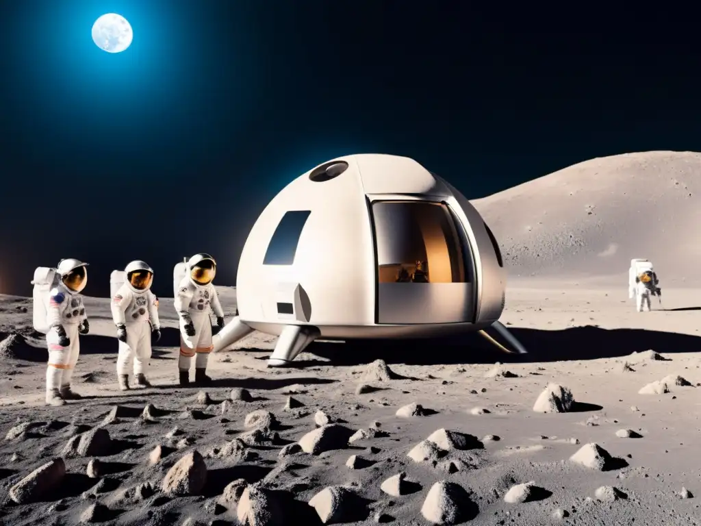 Equipo de turismo lunar en desarrollo, preparando nave espacial plateada con vista a la luna