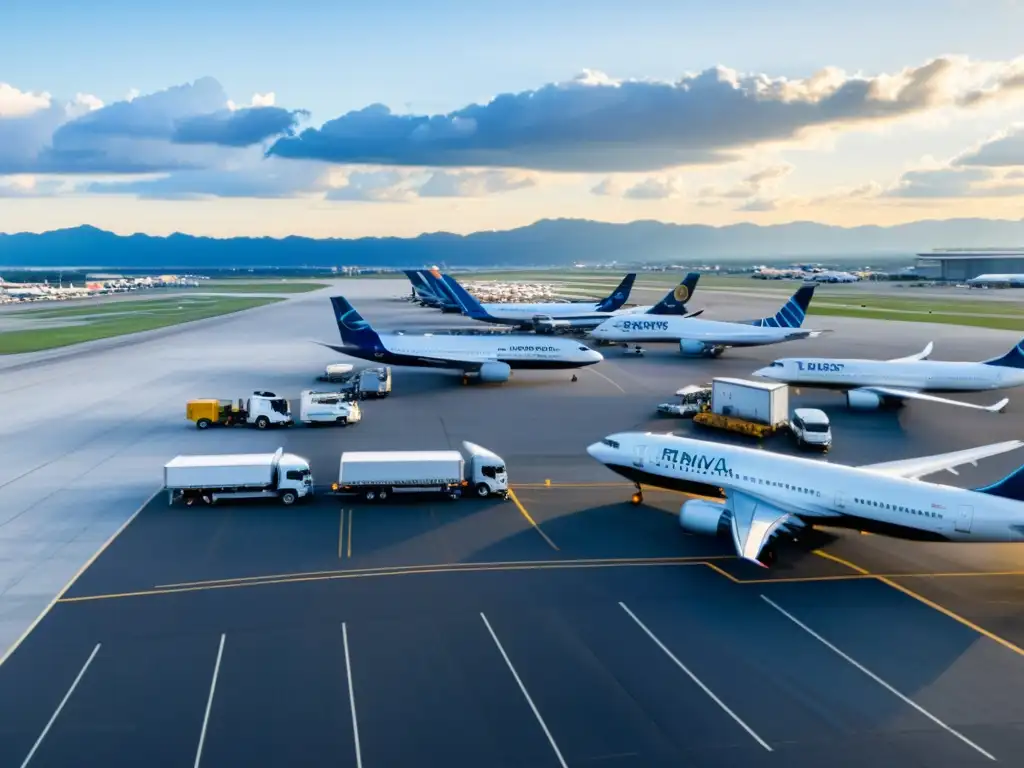 Una escena ajetreada en un aeropuerto, con aviones en tierra, vehículos de servicio y una ciudad al fondo