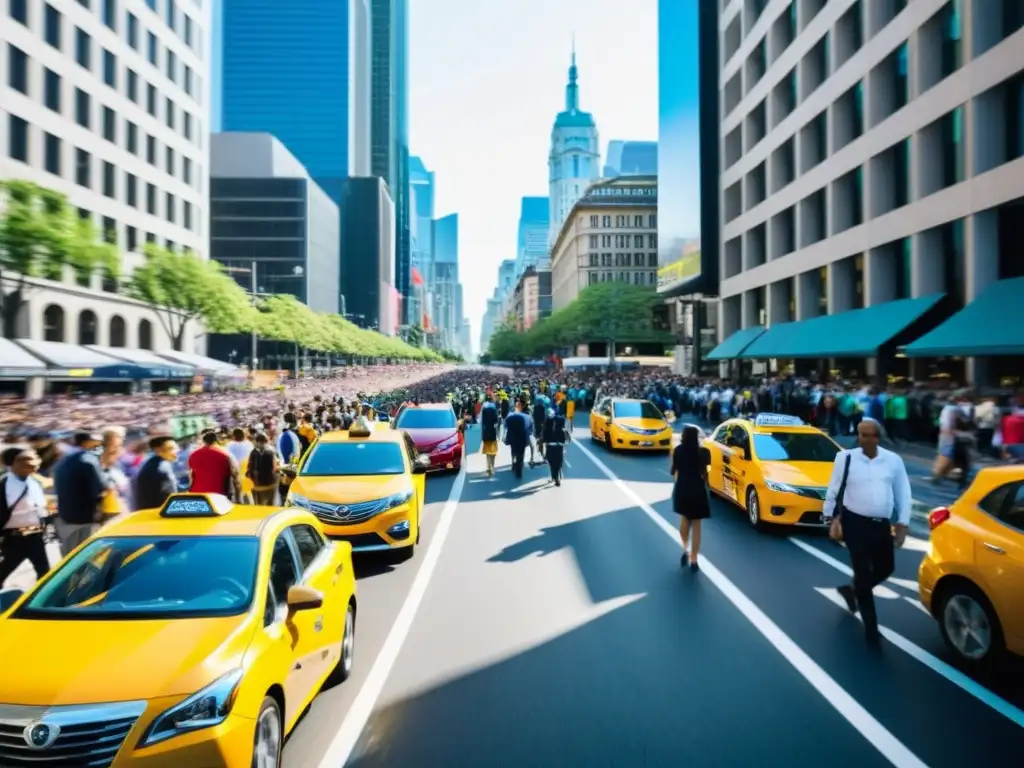 Escena animada de ciudad durante un gran evento con multitudes y varios medios de transporte