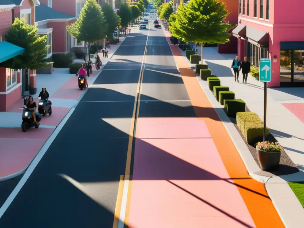 Una escena bulliciosa en una calle suburbana, con diversas opciones de transporte como autobuses, bicicletas, peatones y scooters eléctricos