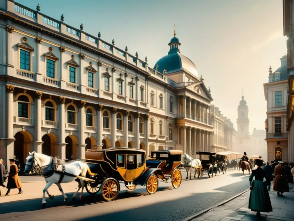 Una escena de calle del siglo XVIII, llena de elegantes carruajes y arquitectura imponente