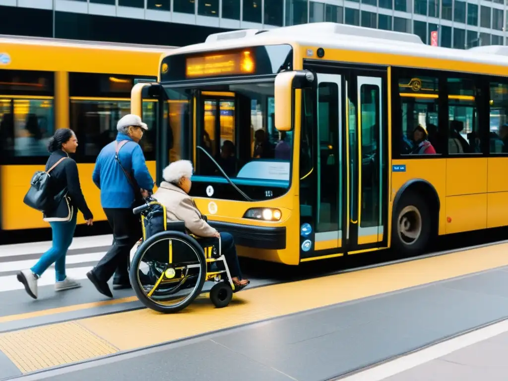 Escena de calle urbana con acceso universal en transporte público, mostrando diversidad de usuarios con distintas capacidades