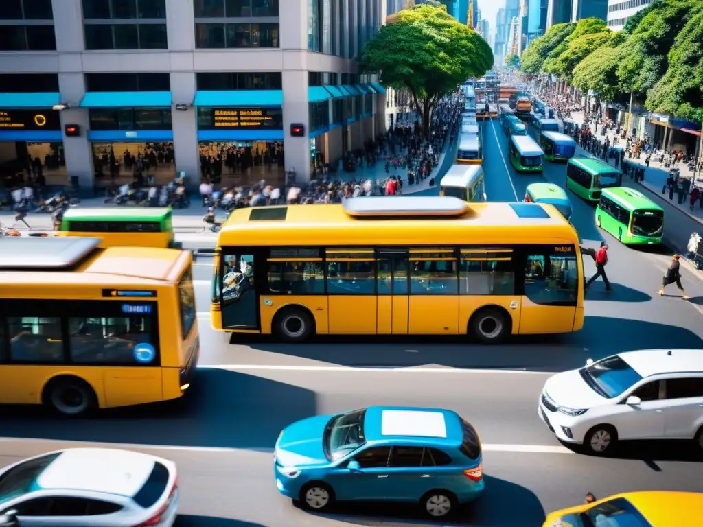 Escena de calle urbana con contraste entre transporte público y ride sharing