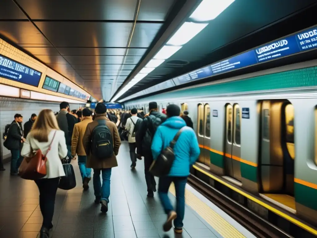 Escena caótica en estación de metro urbano, con personas apresuradas