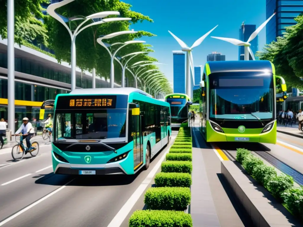 Escena de ciudad vibrante con innovaciones tecnología transporte público sostenible, buses eléctricos, ciclistas y arquitectura ecoamigable