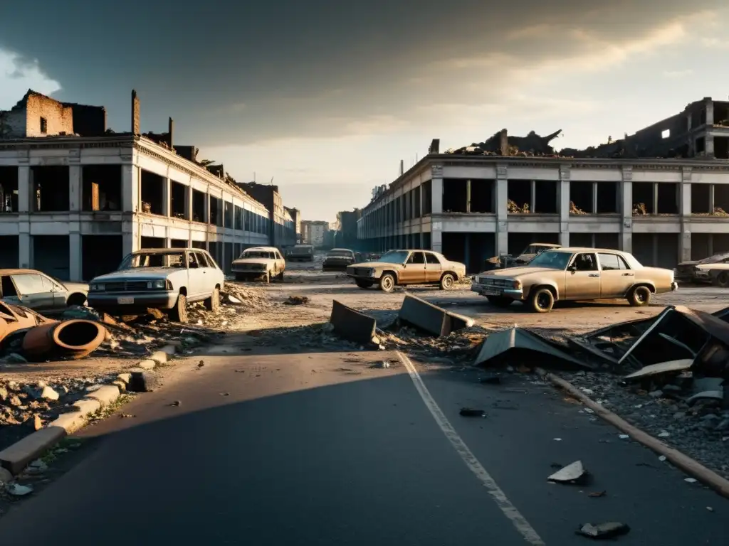 Escena desoladora de una calle devastada por la guerra, mostrando el impacto en la infraestructura de transporte