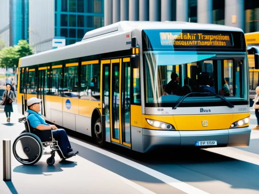 Una escena documental de alta resolución muestra un sistema de transporte público moderno y accesible para sillas de ruedas en una ciudad bulliciosa, con innovaciones tecnológicas en transporte accesible integradas para mejorar la movilidad de todos