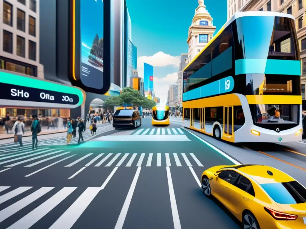 Escena futurista en la calle de una ciudad, con innovaciones tecnológicas en transportes y realidad aumentada integrada en vehículos y dispositivos