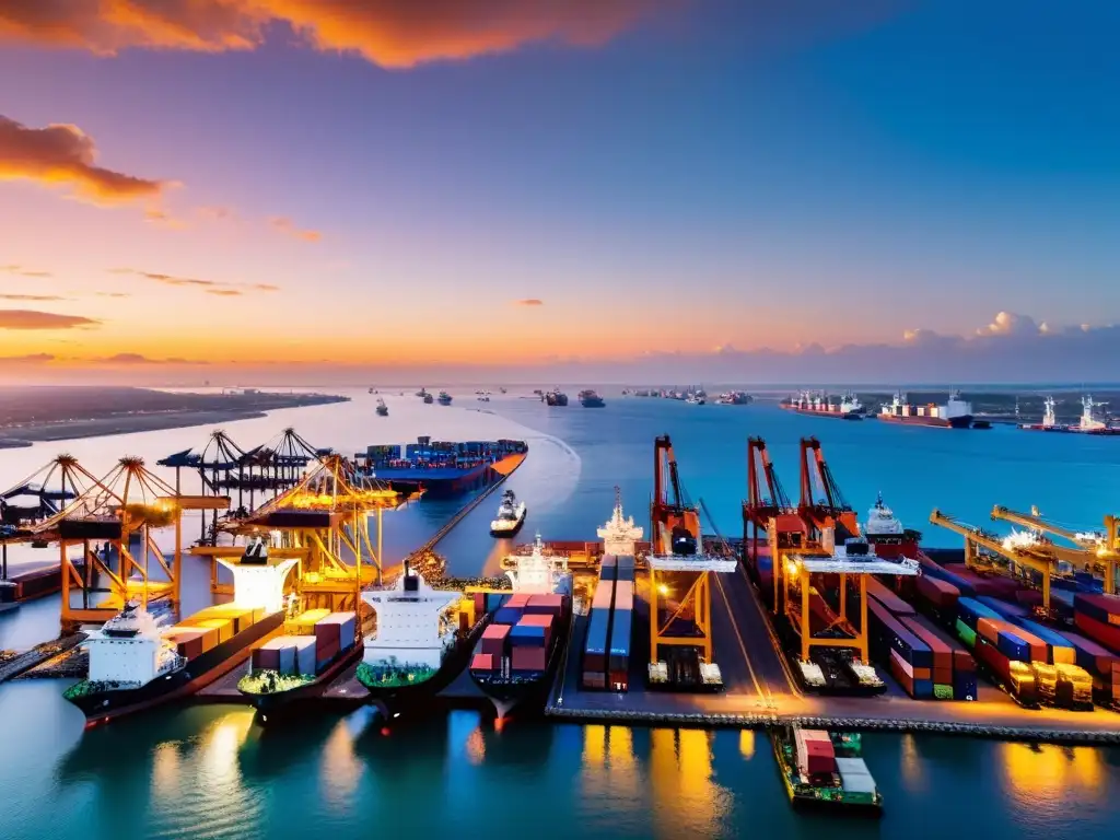 Una escena futurista en un puerto bullicioso al atardecer, con drones autónomos, barcos cargueros y la cálida luz del atardecer reflejada en el agua