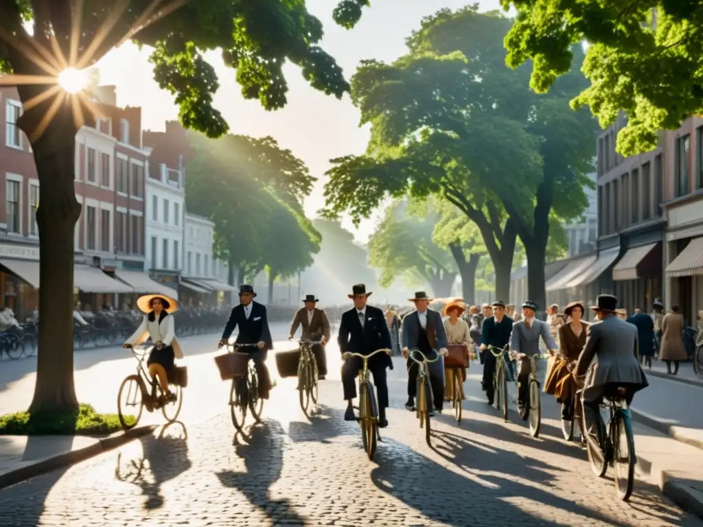 Una escena histórica de una bulliciosa calle de la ciudad a principios del siglo XX, con un bulevar arbolado dedicado a bicicletas