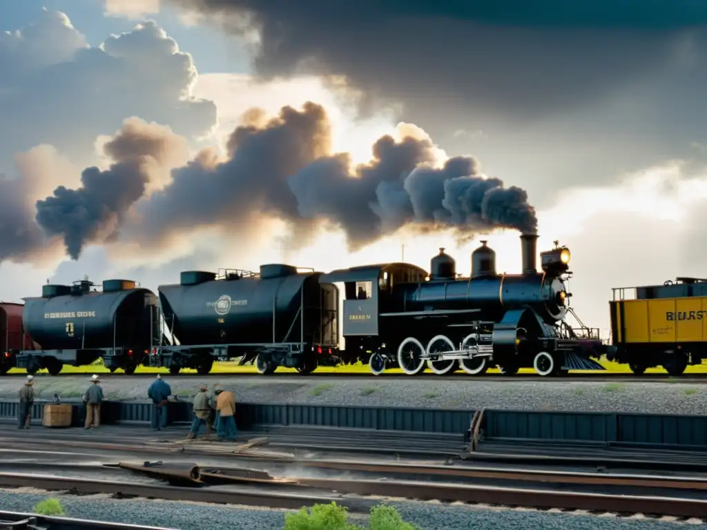 Una escena industrial histórica con un ajetreado patio de trenes y un cielo tormentoso