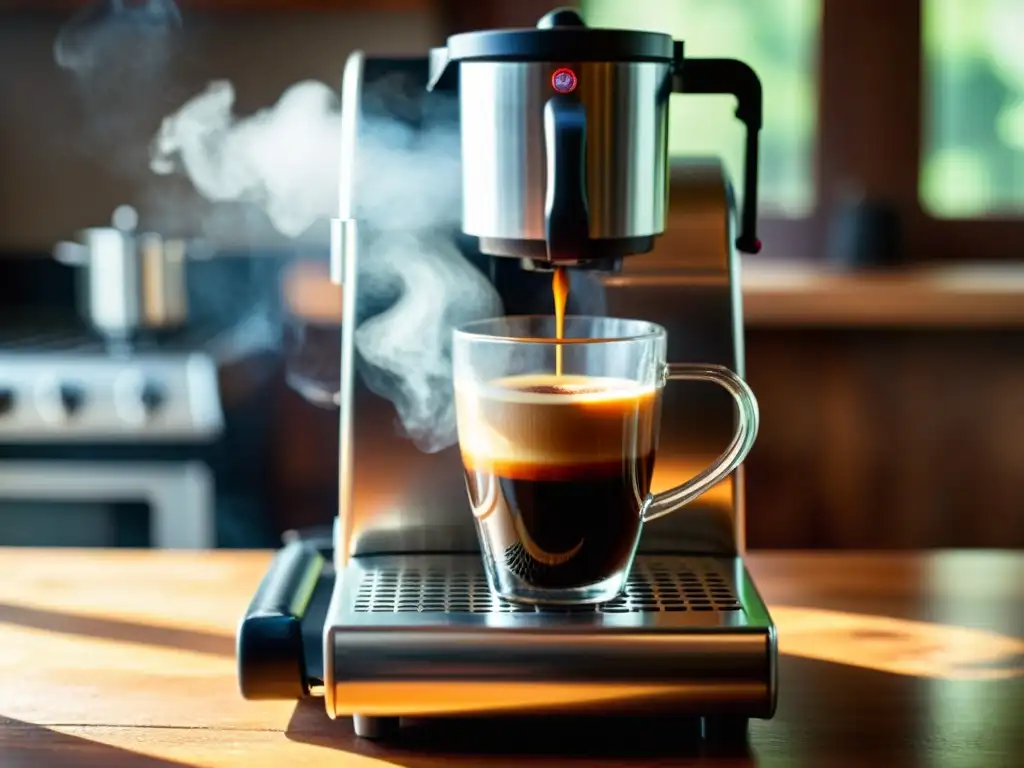 Una escena matutina tranquila con una cafetera portátil en una mesa de madera rústica, acompañada de una taza humeante de café recién hecho