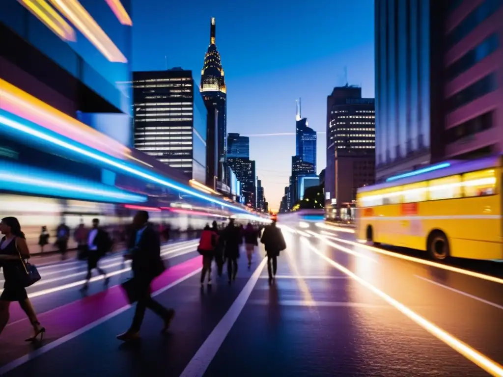 Escena nocturna de ciudad con transporte público, resalta la importancia de los transportes públicos en el cine urbano