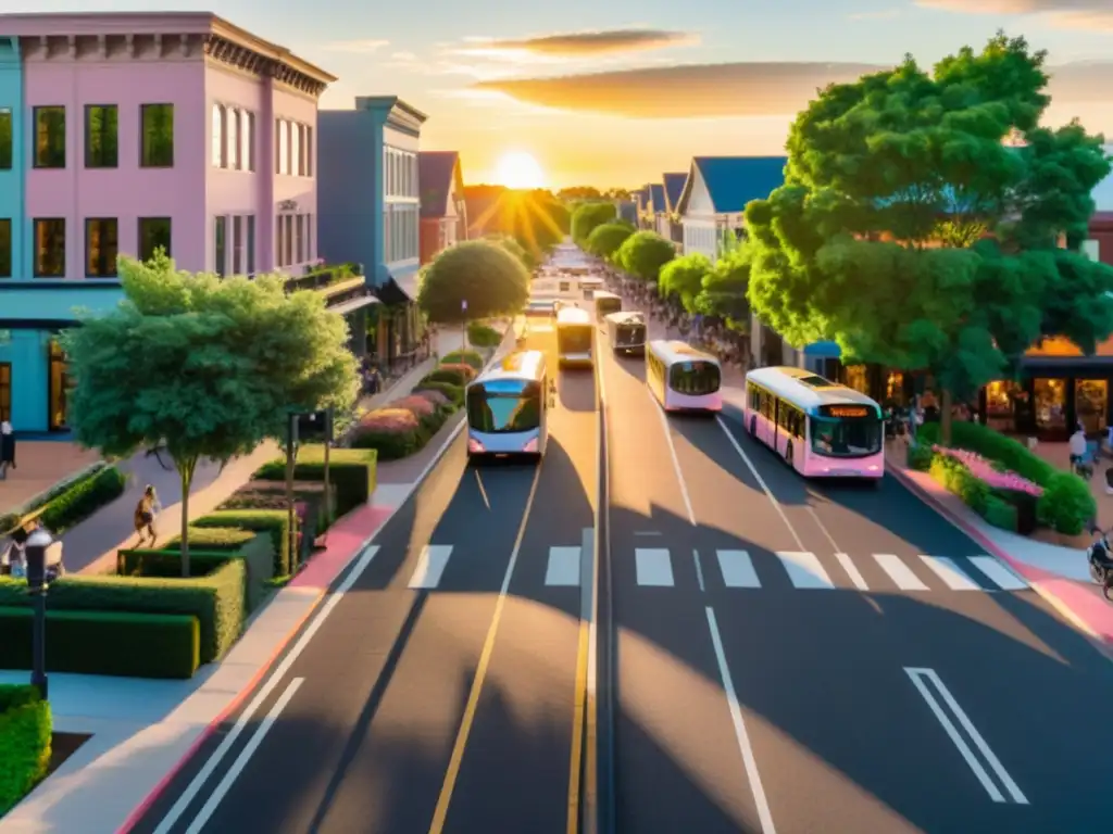 Una escena suburbana vibrante con una variedad de opciones de transporte moviéndose armoniosamente en medio de la exuberante vegetación y la moderna arquitectura urbana al atardecer