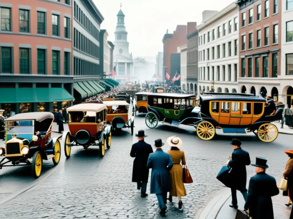 Escena de la evolución del transporte público terrestre, desde carruajes hasta autobuses, en bulliciosa calle de la ciudad histórica