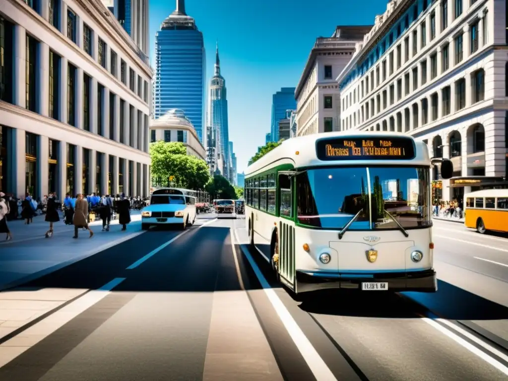 Escena urbana con autos modernos y buses vintage restaurados, preservar transporte histórico en ciudad futurista