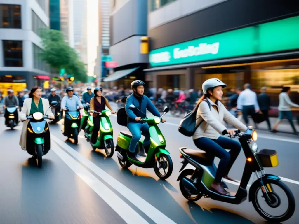 Una escena urbana bulliciosa con bicicletas y patinetas eléctricas, mostrando la evolución de la movilidad urbana en la suave luz matutina