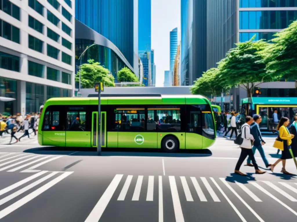 Escena urbana con bulliciosa calle y transporte público eficiente, destacando autobuses y tranvías eléctricos