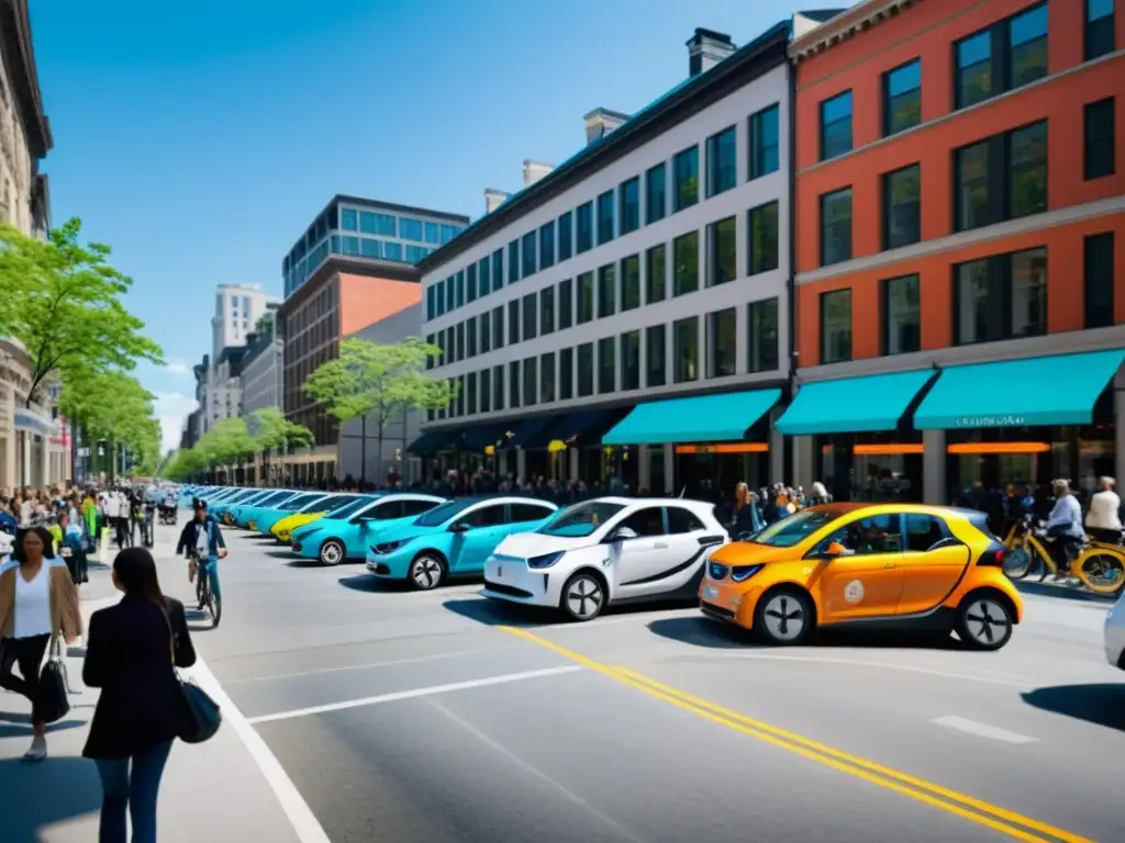 Una escena urbana bulliciosa con carros compartidos eléctricos, personas caminando y andando en bicicleta