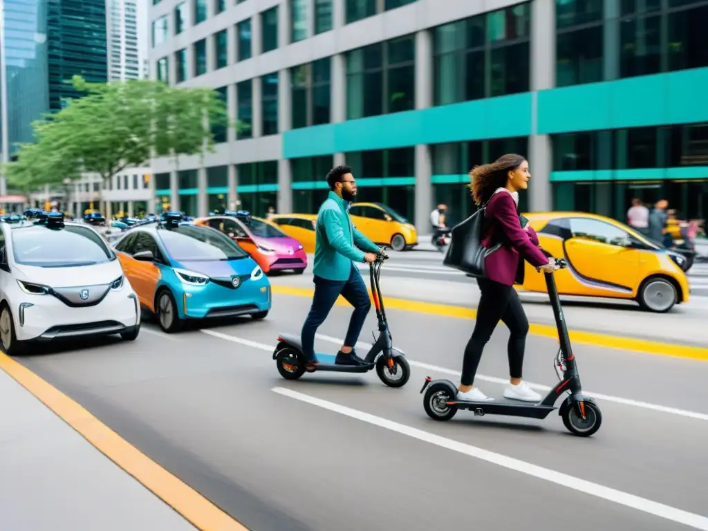 Escena urbana bulliciosa con diversidad de personas, bicicletas, scooters eléctricos y autos compartidos coloridos