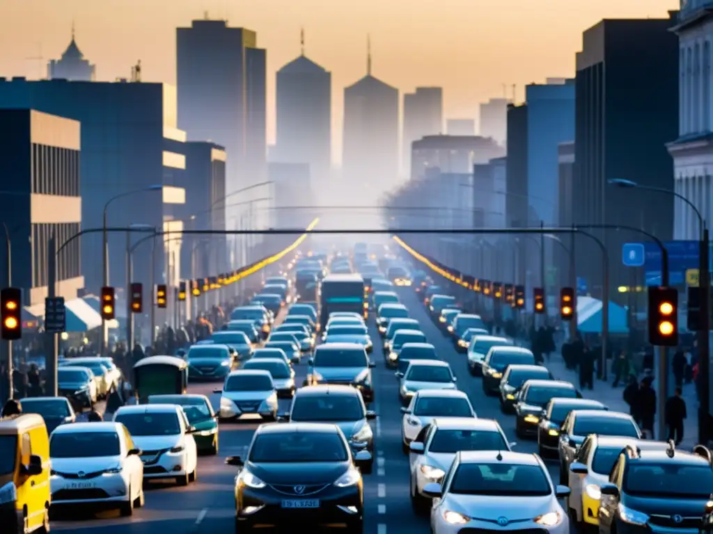 Escena urbana caótica con contraste entre smog y vehículos sostenibles, en medio de la crisis energética