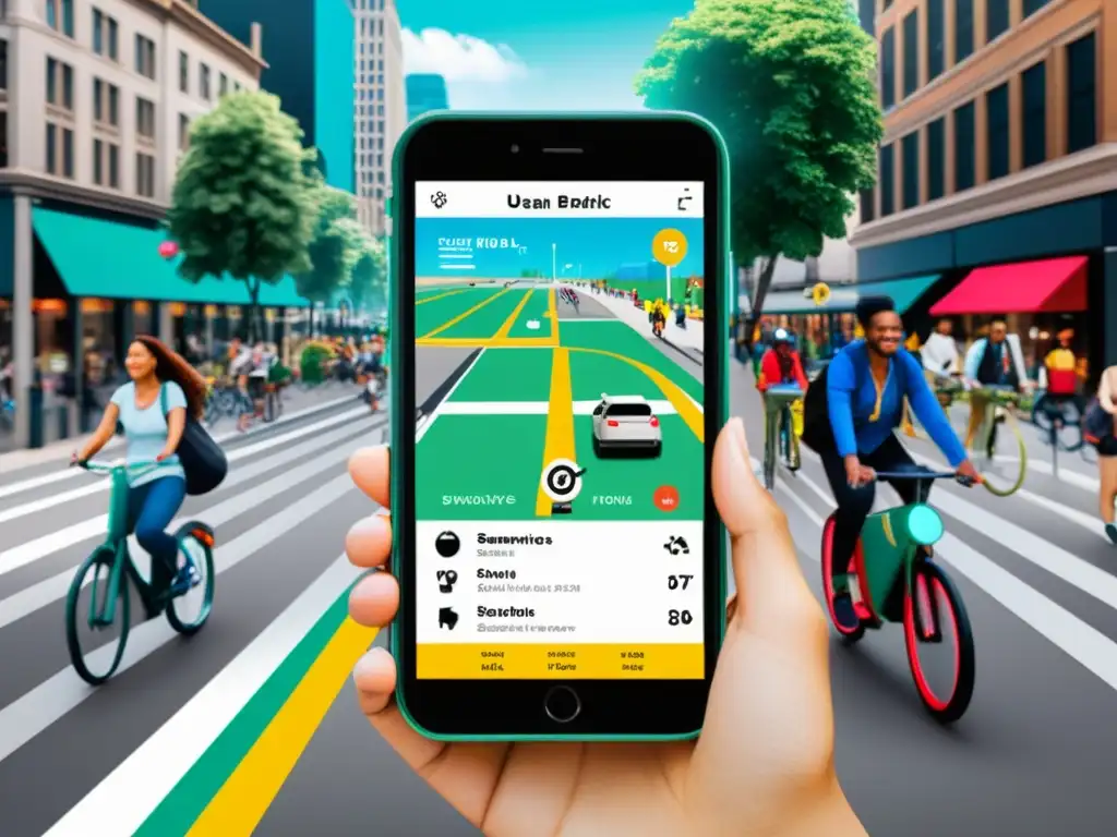 Escena urbana dinámica con gamificación en apps de transporte, integrada en la movilidad cotidiana