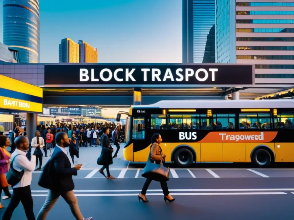 Escena urbana con diversidad de personas esperando en la estación de autobuses, resaltando la tecnología blockchain en transporte público