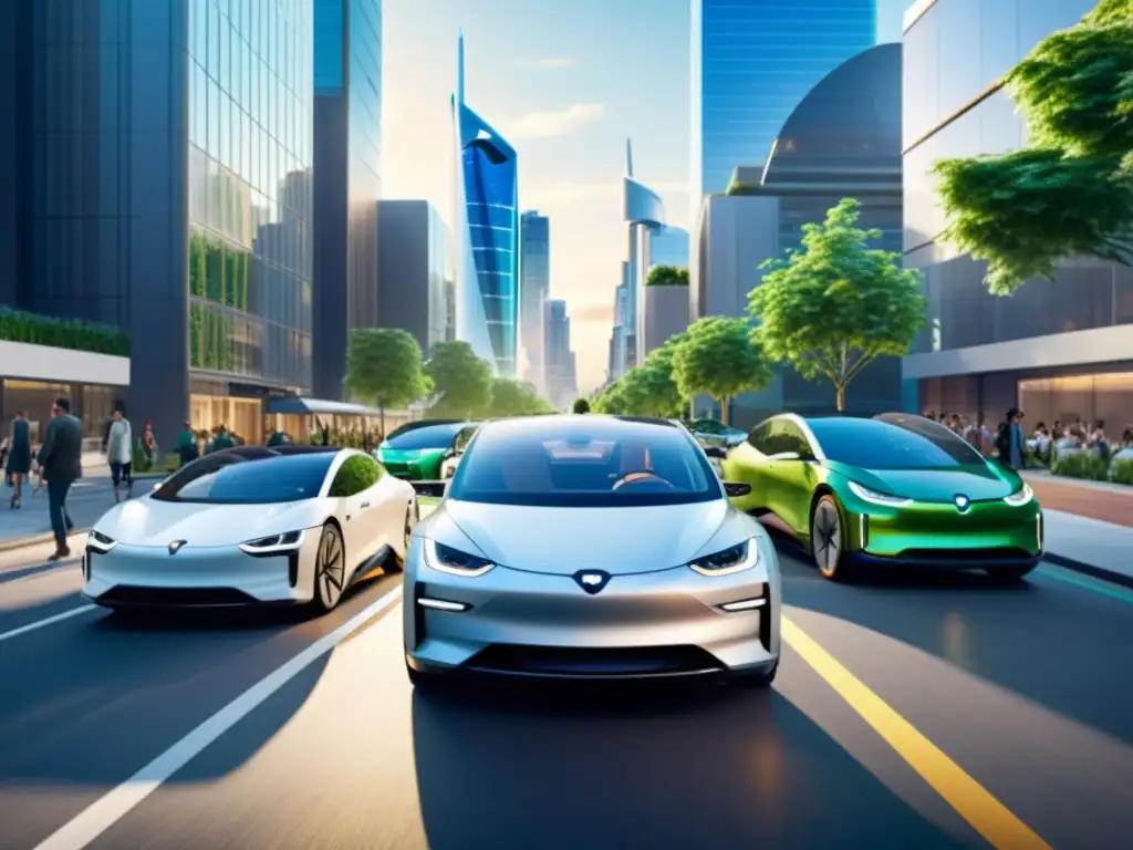 Escena urbana futurista con carros eléctricos compartidos y tecnología avanzada